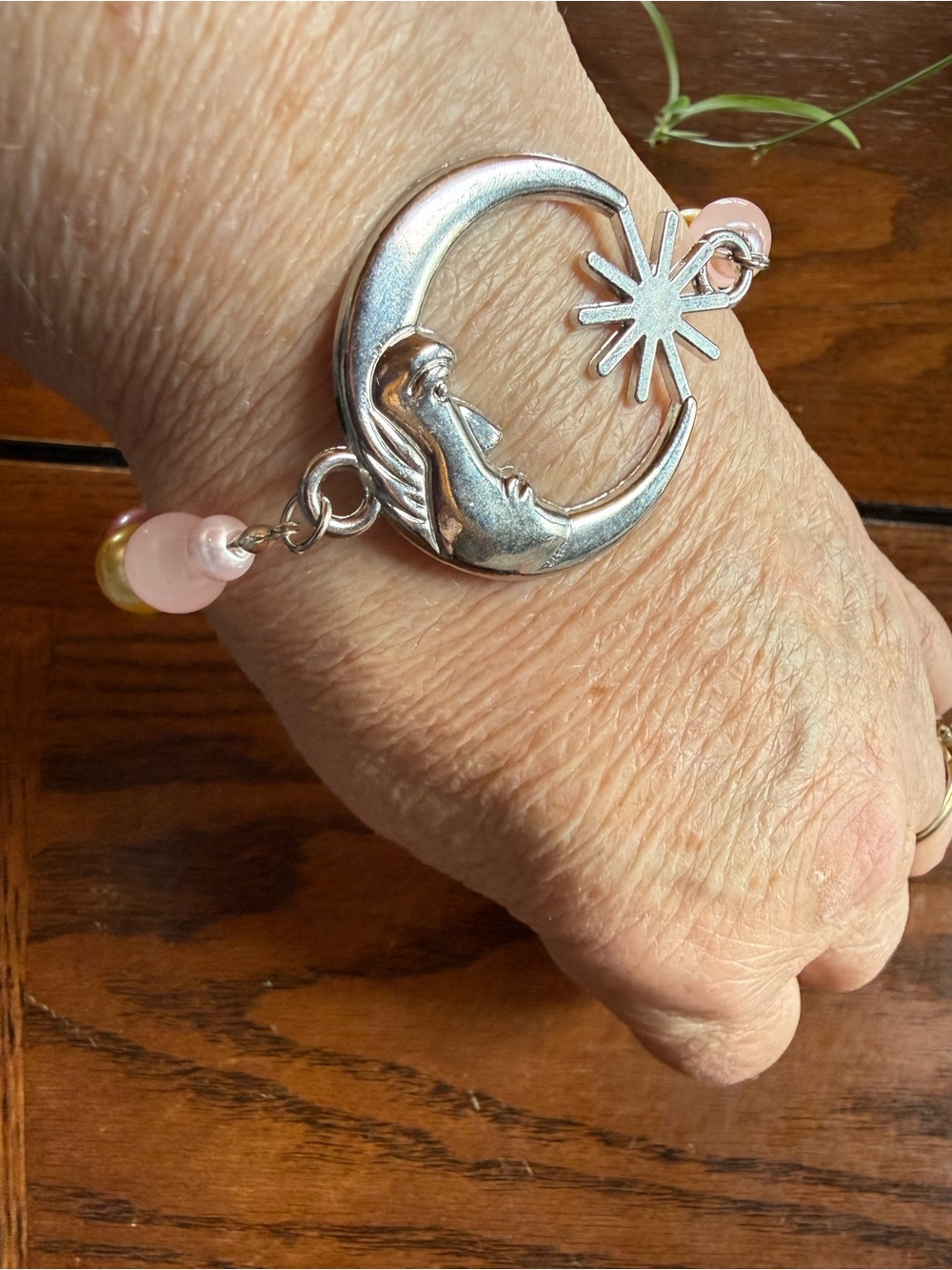 Silver Moon & Star Bracelet with Pink Beads